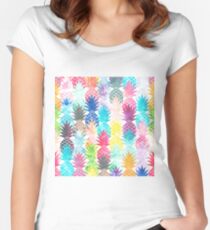 Hawaiisches Ananas-Muster-tropisches Aquarell Tailliertes Rundhals-Shirt