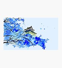 Japanese Temple and Plum Tree Blue Photographic Print