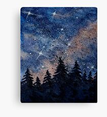 Pine trees and galaxies watercolor painting by Bazil Zerinsky Canvas Print