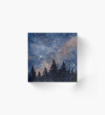 Pine trees and galaxies watercolor painting by Bazil Zerinsky Acrylic Block