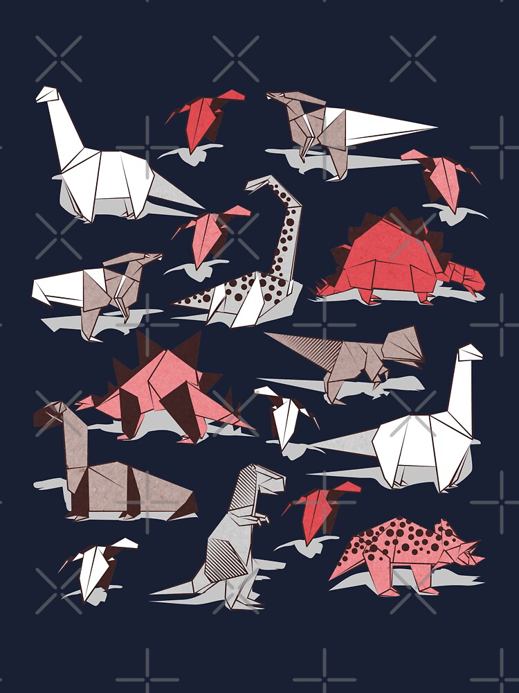 Origami Dino Friends Oxford Navy Blue Background Paper Red Dinosaurs Baby One Piece