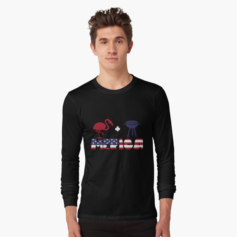Funny Flamingo plus Barbeque Merica American Flag Camiseta de manga larga