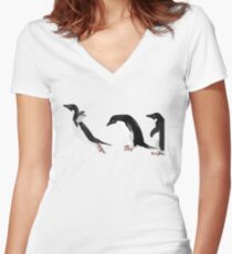 Birds - Illustration - Adelie penguins jumping Fitted V-Neck T-Shirt