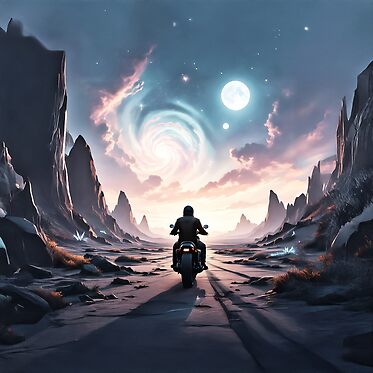 A lone biker on a deserted alien planet