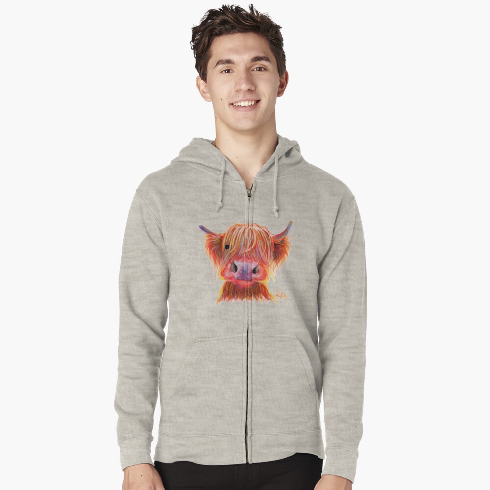 Scottish Highland Hairy Cow ' CHILLI CHOPS ' by Shirley MacArthur Zipped Hoodie