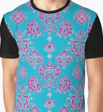 Vinatage Pink and Dark Blue Damask Pattern Graphic T-Shirt
