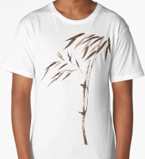 Illustration of a bamboo stalk with leaves in beige and brown Japanese Zen artwork art print Long T-Shirt