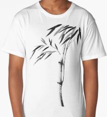 Japanese Zen painting of Bamboo stalk with leaves black ink on white rice paper art print Long T-Shirt