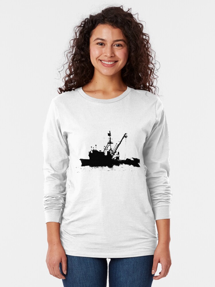 Alternate view of Fishing Boat Silhouette - Black on White/Color Background Long Sleeve T-Shirt