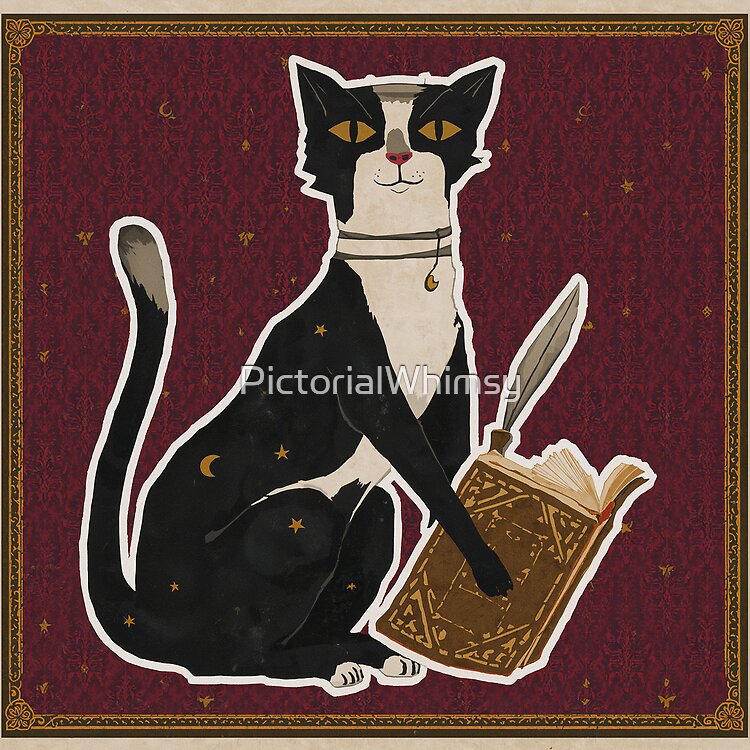 Tuxedo cat writing with quill in medieval manuscript art — cat scribe illustration print