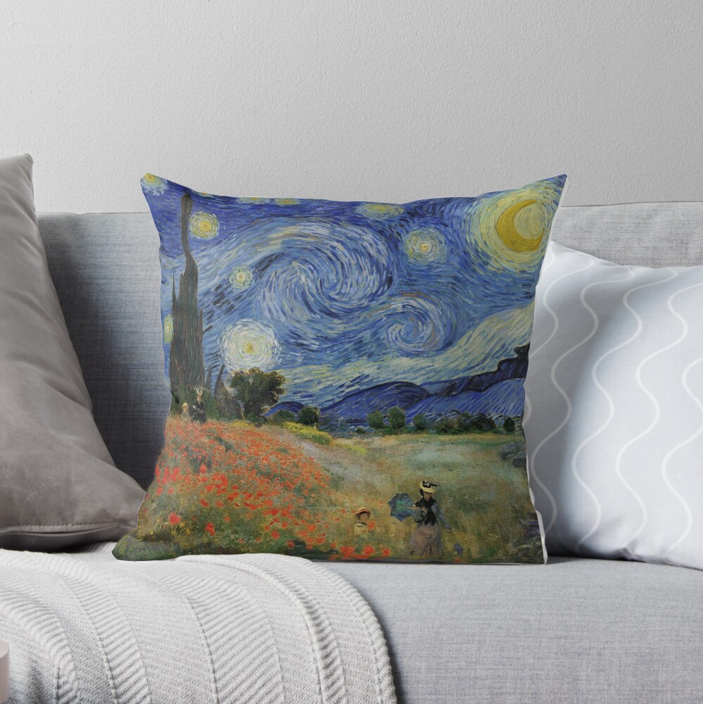Claude Monet Poppy Fields Vincent Van Gogh Starry Night | Collage 2.0 by Bohemian Bear Throw Pillow