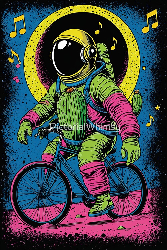 Cactus astronaut riding through surreal landscape — whimsical surreal art print