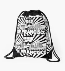 San Francisco California City Skyline with Trolley and Golden Gate Bridge on Sun Rays backgound Illustration Drawstring Bag