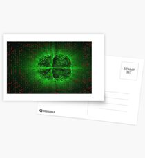 Green Glowing Brain Wired On Red Neural Surface Or Electronic Conductors Postcards