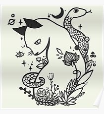 Cat & Snake Line Art Poster