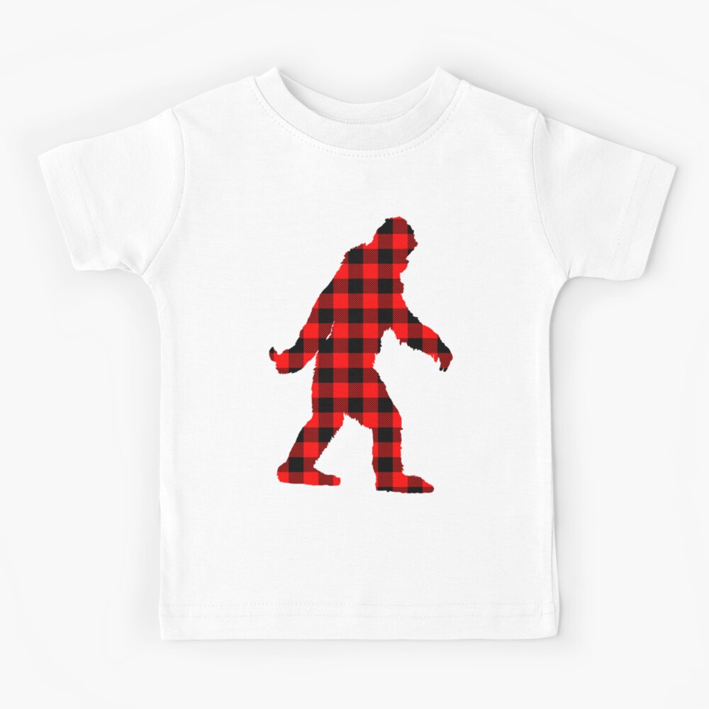 Buffalo Check Red and Black Plaid Lumberjack Sasquatch Bigfoot Silhouette Canadiana Style Kids T-Shirt
