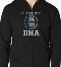 Finland Its In My Dna Gift For Finnish From Finland - DNA Strand and Thumbprint With Finland Flag Zipped Hoodie