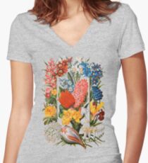 Viktorianisches Blumen-Kasten-Weinlese-Einklebebuch-Blumen mit Tulpen, Narzissen, Krokus, Freesie und mehr Tailliertes T-Shirt mit V-Ausschnitt
