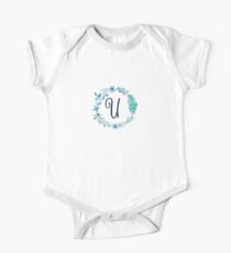 Monogram U Blue Flowers And Folliage One Piece - Short Sleeve