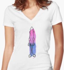Pink and Blue Colour Blocks with Squid Women's Fitted V-Neck T-Shirt