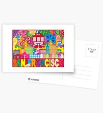 San Francisco CA City Skyline with Trolley Golden Gate Bridge on Paisley Pattern Color drawing Postcards