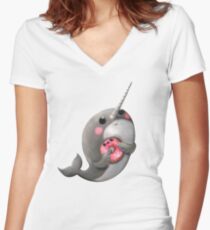 Cute Narwhal with donut Women's Fitted V-Neck T-Shirt