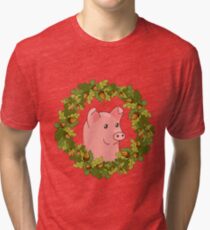 funny cute cartoon pig in a wreath of acorns Tri-blend T-Shirt