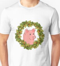 funny cute cartoon pig in a wreath of acorns Unisex T-Shirt