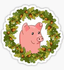 funny cute cartoon pig in a wreath of acorns Sticker