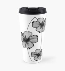 Black and White Tropical Hibiscus Flower and Surfboard Travel Mug