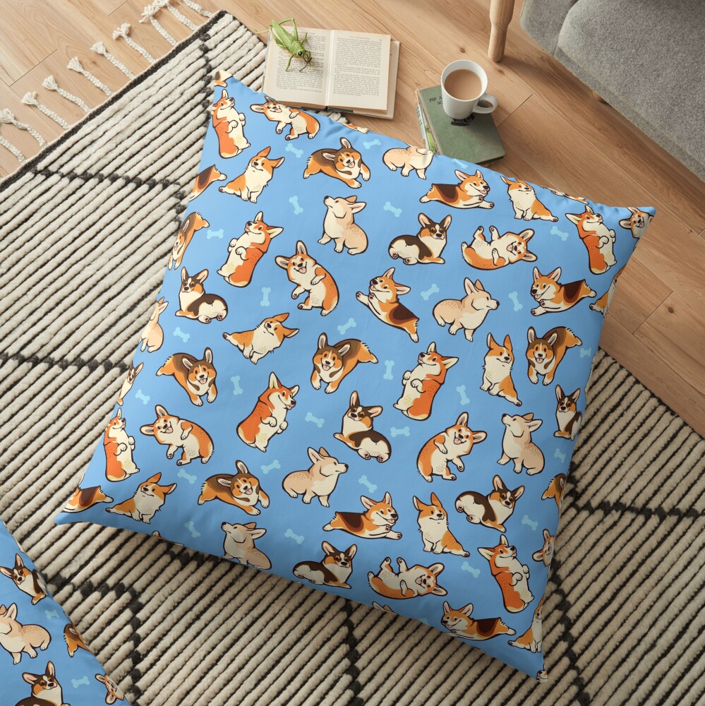 Jolly corgis in blue Floor Pillow