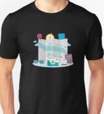 Flat Design Travel Map Passport Sunglasses Camera Unisex T-Shirt