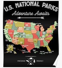 Nationalpark-Karten-Weinlese-T-Shirt - alle 59 Nationalparks Poster