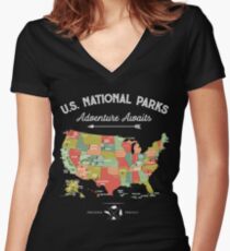National Park Map Vintage T Shirt - All 59 National Parks Women's Fitted V-Neck T-Shirt