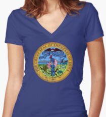 IOWA STATE SEAL - POPULAR DISTRESSED STATE DESIGN WITH IOWA STATE SEAL Women's Fitted V-Neck T-Shirt