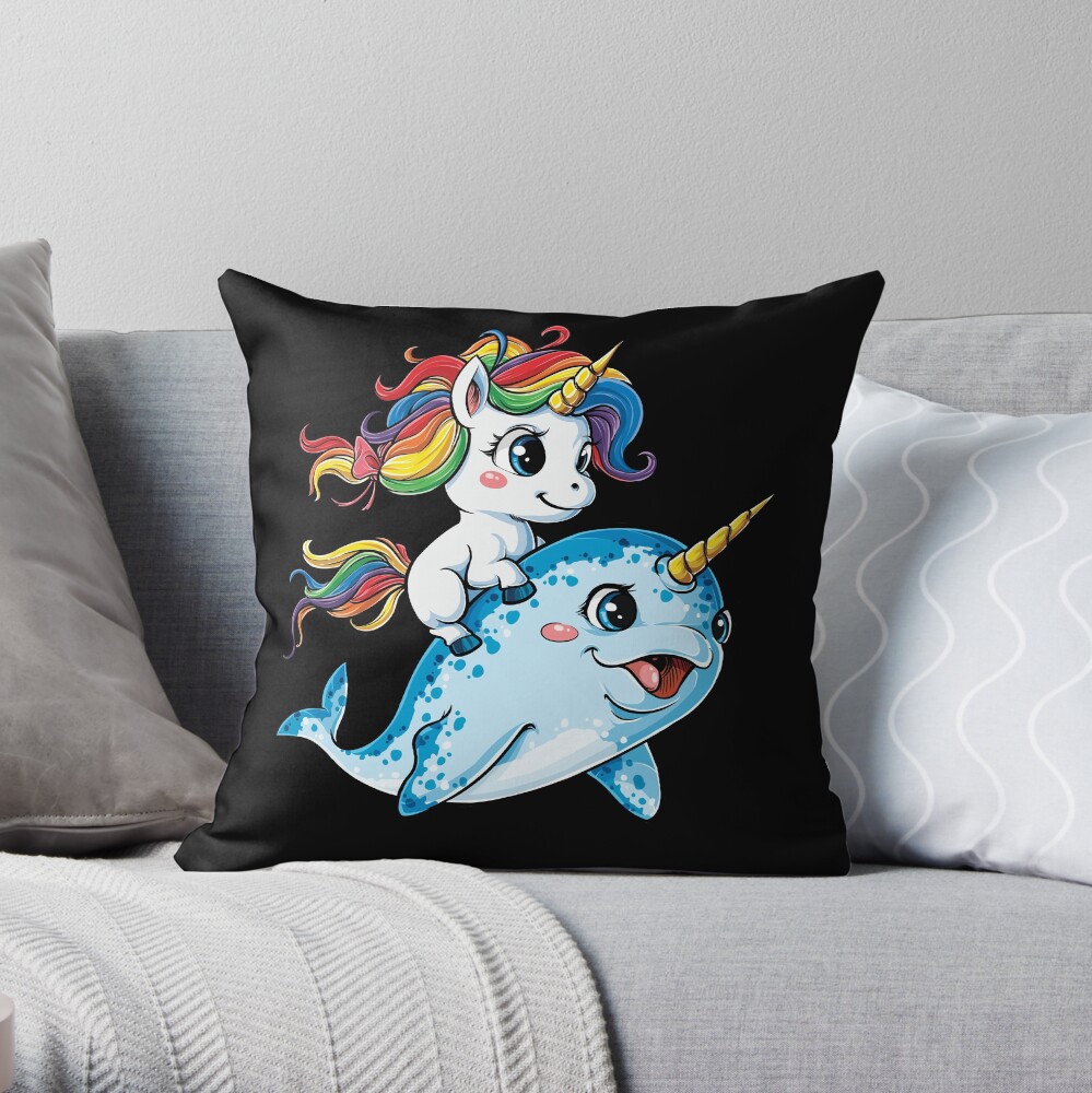 Unicorn Riding Narwhal T shirt Squad Girls Kids Rainbow Unicorns Gifts Party Throw Pillow