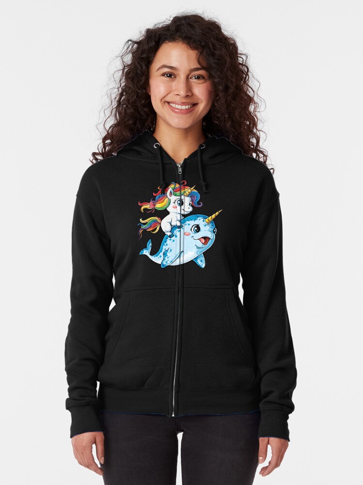 Alternate view of Unicorn Riding Narwhal T shirt Squad Girls Kids Rainbow Unicorns Gifts Party Zipped Hoodie