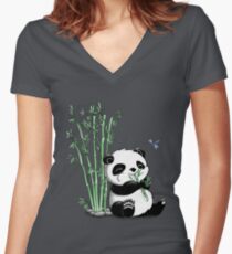 Panda Eating Bamboo Women's Fitted V-Neck T-Shirt