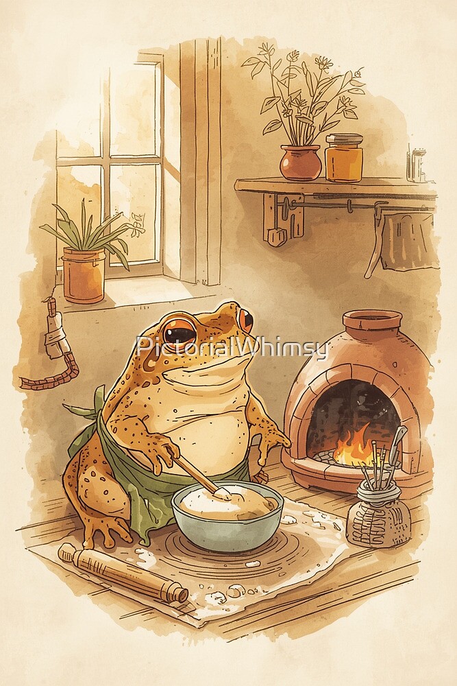Cozy frog baking bread cottagecore illustration — whimsical toad art print