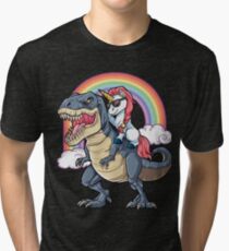 Unicorn Riding Dinosaur T Shirt T-Rex Funny Unicorns Party Rainbow Squad Gifts for Kids Boys Girls Tri-blend T-Shirt