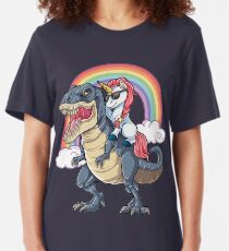 Unicorn Riding Dinosaur T Shirt T-Rex Funny Unicorns Party Rainbow Squad Gifts for Kids Boys Girls Slim Fit T-Shirt