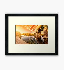Overview at sunset of the Ancient Bridge of Orosei on the river Cedrino, Sardinia Framed Print