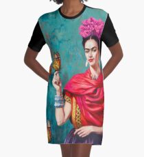 Frida Kahlo self-portrait with butterflies, pink flowers and green turquoise background grunge Graphic T-Shirt Dress