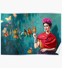 Póster Autorretrato de Frida Kahlo con mariposas, flores rosas y fondo verde turquesa grunge