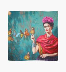 Frida Kahlo-Selbstporträt mit Schmetterlingen, rosa Blumen und grünem Türkishintergrundschmutz Tuch