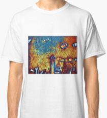 Surreal yellow and blue lake pier with boats Classic T-Shirt