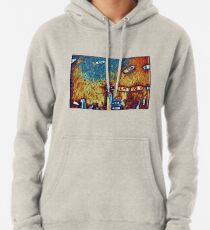 Surreal yellow and blue lake pier with boats Pullover Hoodie