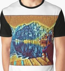 Surreal yellow and blue woman looking at mountain lake by village Graphic T-Shirt