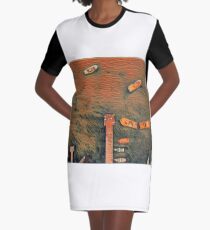 Surreal orange and black lake pier with boats Graphic T-Shirt Dress