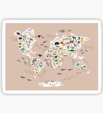 Cartoon animal world map, back to schhool. Animals from all over the world rosybrown background Sticker